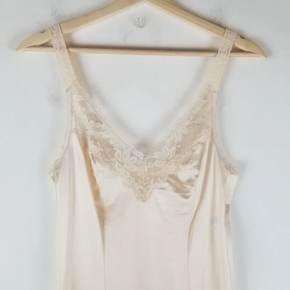 VINTAGE Maidenform Slip Womens Small 4 Beige Lace Midi Satin Dress USA Retro 60s - Picture 6 of 15